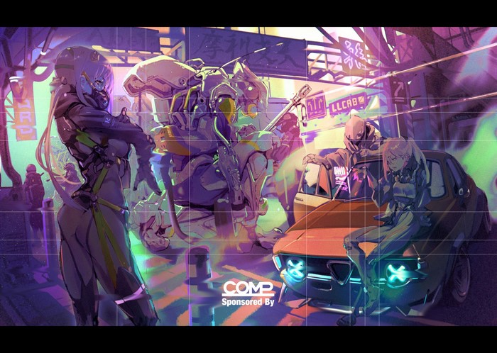 Anime girls and mecha in a cyberpunk city