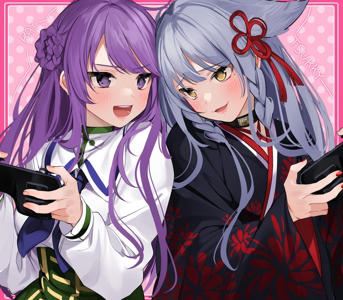Two anime girls with purple and gray hair playing video games