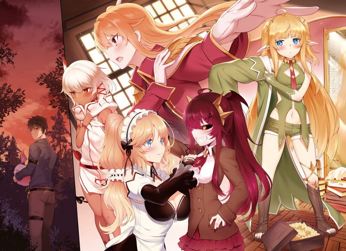Anime characters in a room and forest setting