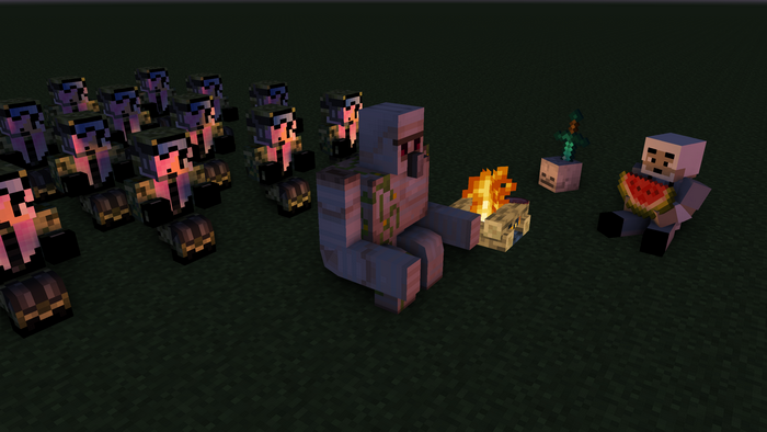 Minecraft characters around a campfire