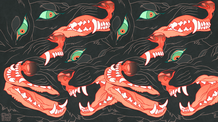 Pattern of snarling wolf heads with green eyes