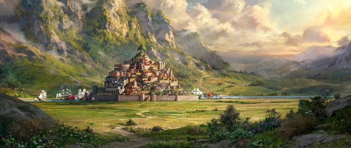 4K Ultrawide Digital Art of a Fantasy City with Ships
