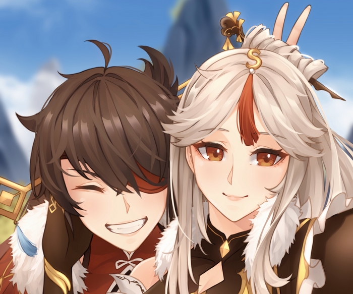 Ningguang and Beidou from Genshin Impact taking a selfie