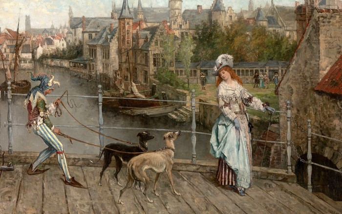 Jester walking dogs with a woman in Bruges
