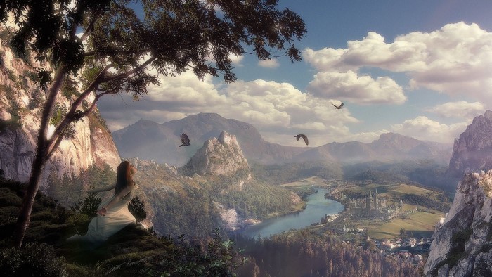 Fantasy landscape with a girl and birds