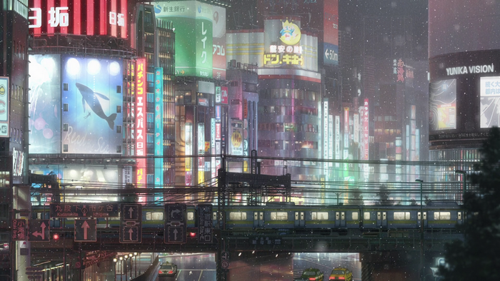 4K Anime Cityscape with Train and Snow