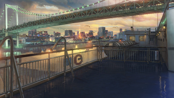 Anime city with bridge and boat