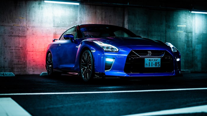 Blue Nissan GT-R in parking lot
