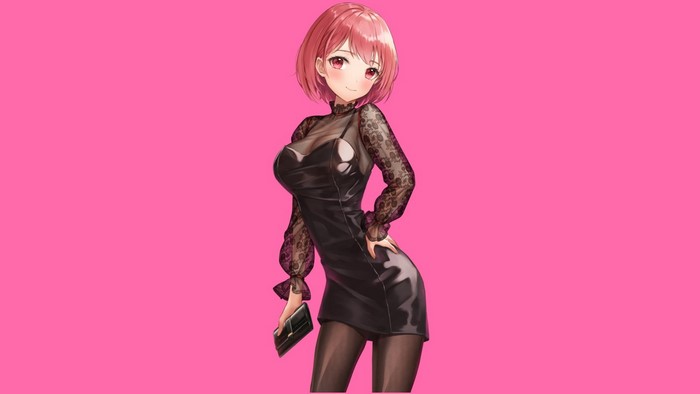 Anime girl with pink hair in a black dress