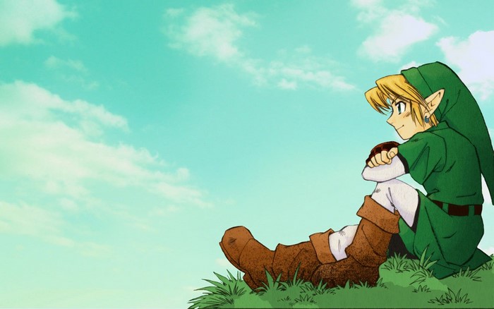 Link from The Legend of Zelda sitting on grass