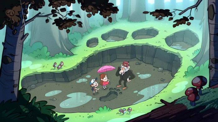 Dipper, Mabel, and Grunkle Stan in Gravity Falls