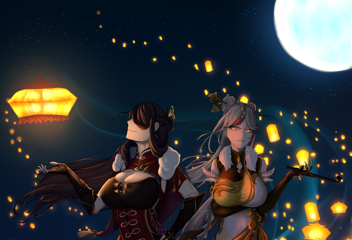Beidou and Ningguang with Lanterns Under the Moon