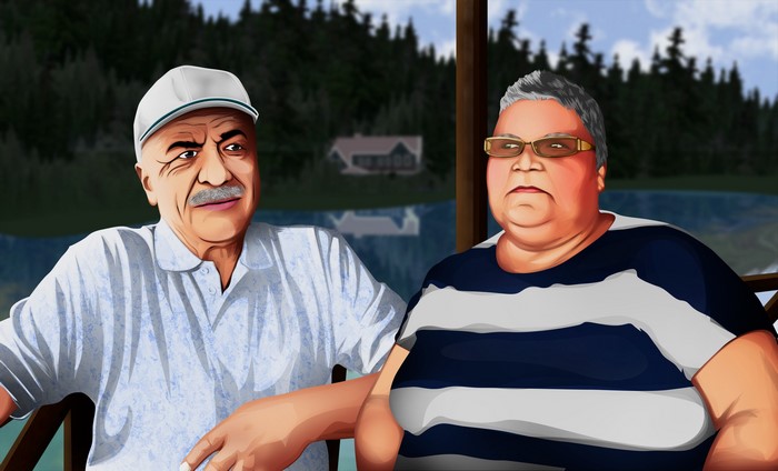 Two people sitting on a porch overlooking a lake