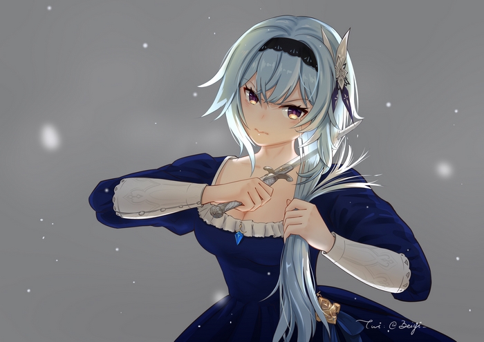 Eula from Genshin Impact with a sword