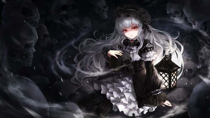 Gothic anime girl with skulls and lantern