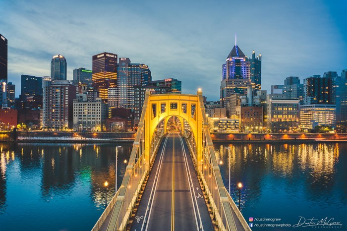Pittsburgh Skyline and Bridge at Dusk