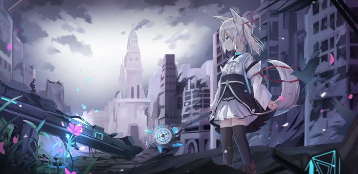 Fox girl with staff in ruined city