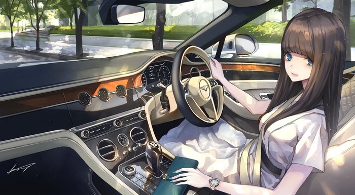 Anime girl driving a Bentley