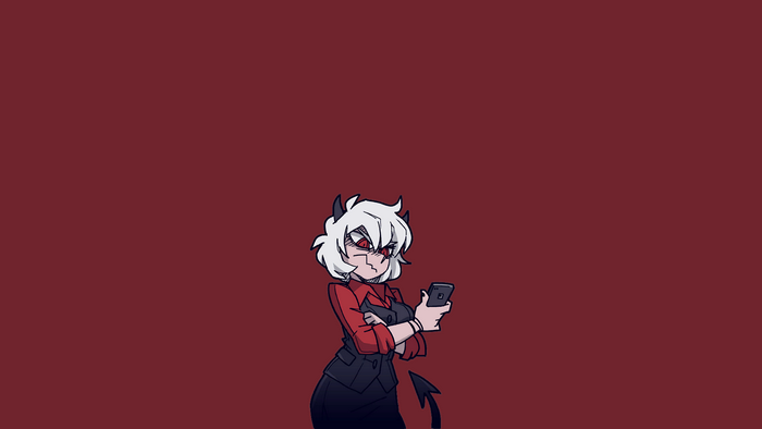 Malina from Helltaker holding a phone