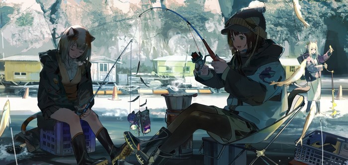 Anime characters fishing in a winter landscape