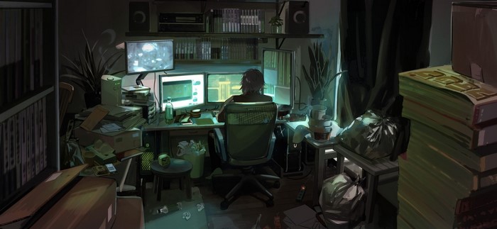 Anime artwork of a person at a computer