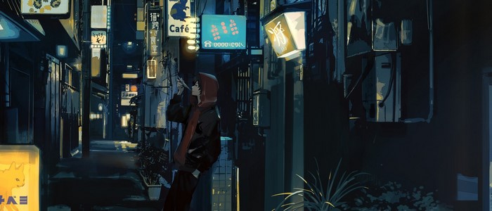 Anime character in a neon-lit alleyway at night