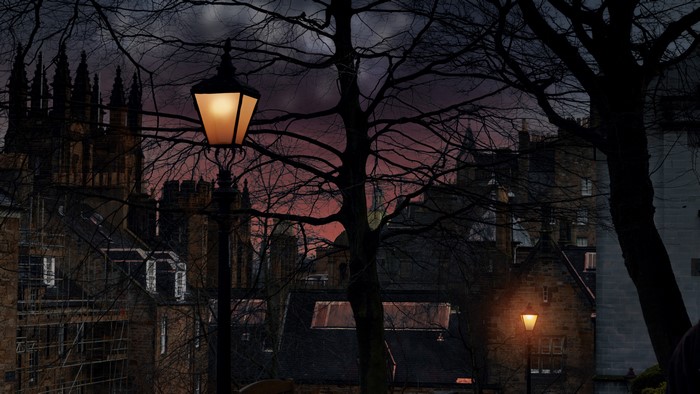 Edinburgh Scotland at Dusk with Street Lamps