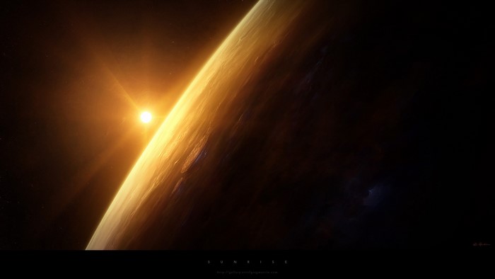 Sunrise over a planet in space