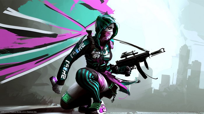 APB Reloaded character with gun and colorful streaks