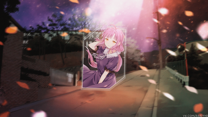 4K anime girl with pink hair in a purple dress