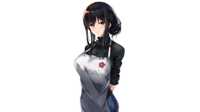 Anime girl with black hair wearing an apron