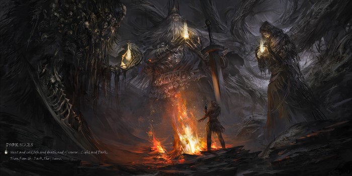 Dark Souls artwork featuring Gwyn and the Witch of Izalith