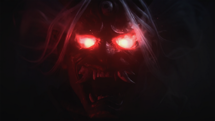 The Oni from Dead by Daylight with glowing red eyes