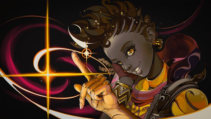 Astra from Valorant with cosmic background