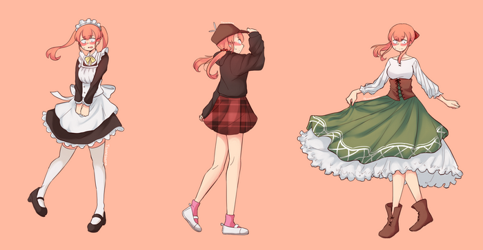 Anime girl in maid outfit, casual outfit, and historical dress