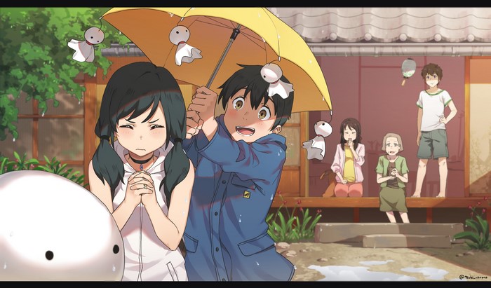 Hina Amano and Hodaka Morishima from Weathering with You under an umbrella
