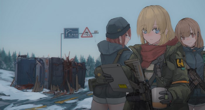 Anime girls with weapons in snowy landscape