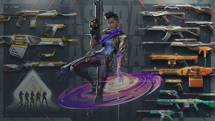 Astra from Valorant with various weapon skins