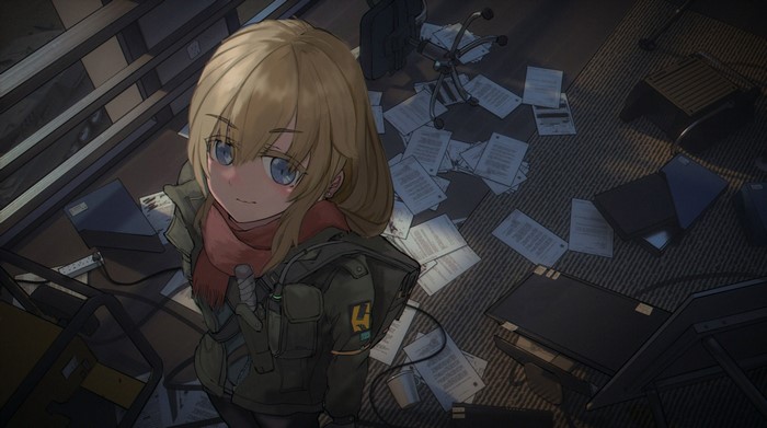 Anime girl with knife in messy room