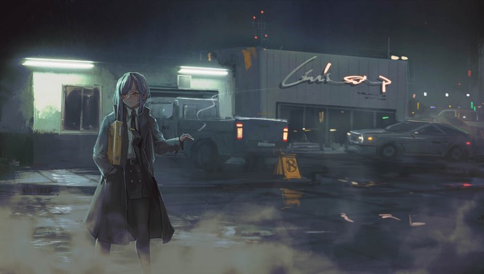 Anime girl with yellow folder in front of a diner at night