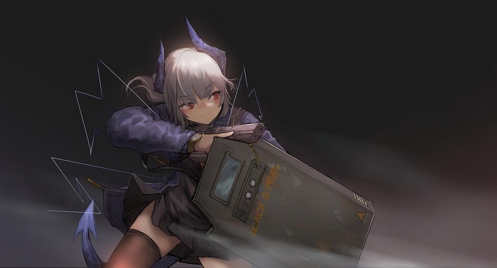 Liskarm from Arknights holding a pistol and shield