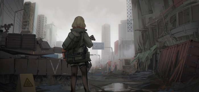 Anime girl with weapon and tank in ruined city