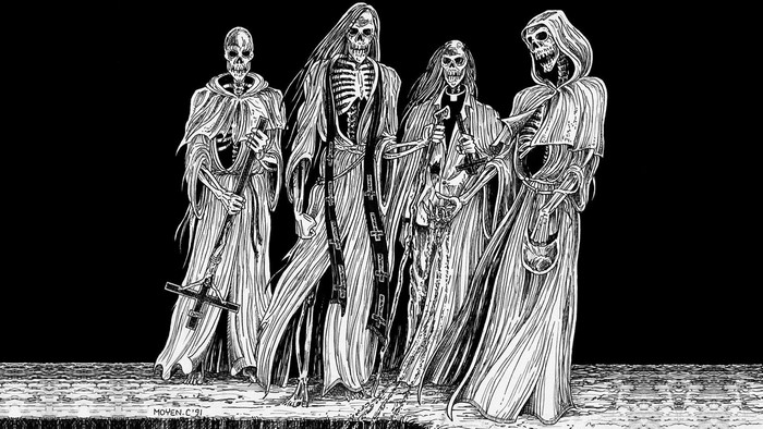 Four skeletal figures in robes holding religious symbols