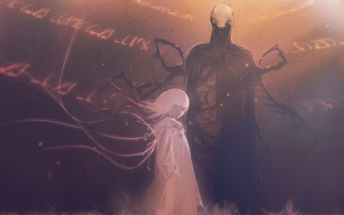 Girl with white hair and a dark creature