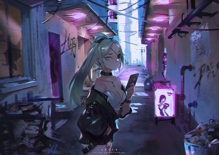 Anime girl with green hair and eyepatch in alley