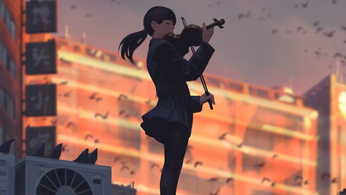 Anime girl playing violin on rooftop at sunset