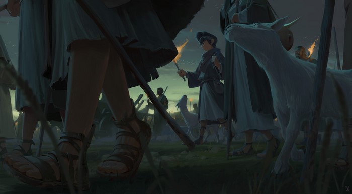 People with torches and goats walking