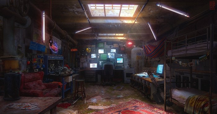 Cyberpunk bunker with multiple computer displays