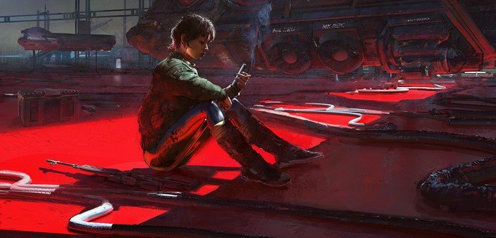 Woman sitting and smoking in a futuristic industrial setting