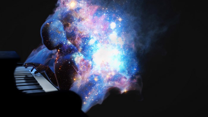 4K illustration of a galaxy-infused figure playing a piano